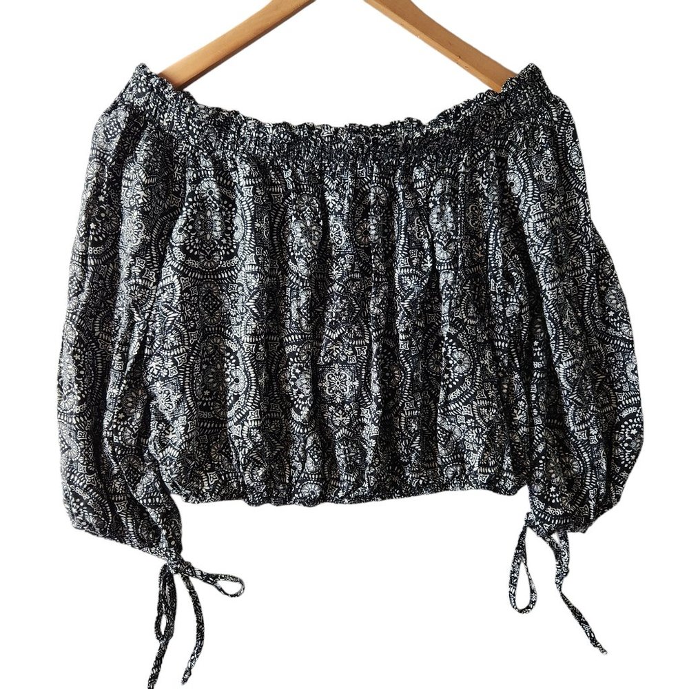Live to be Spoiled Black Mandala Print Off the Shoulder Cropped Boho Blouse XXL